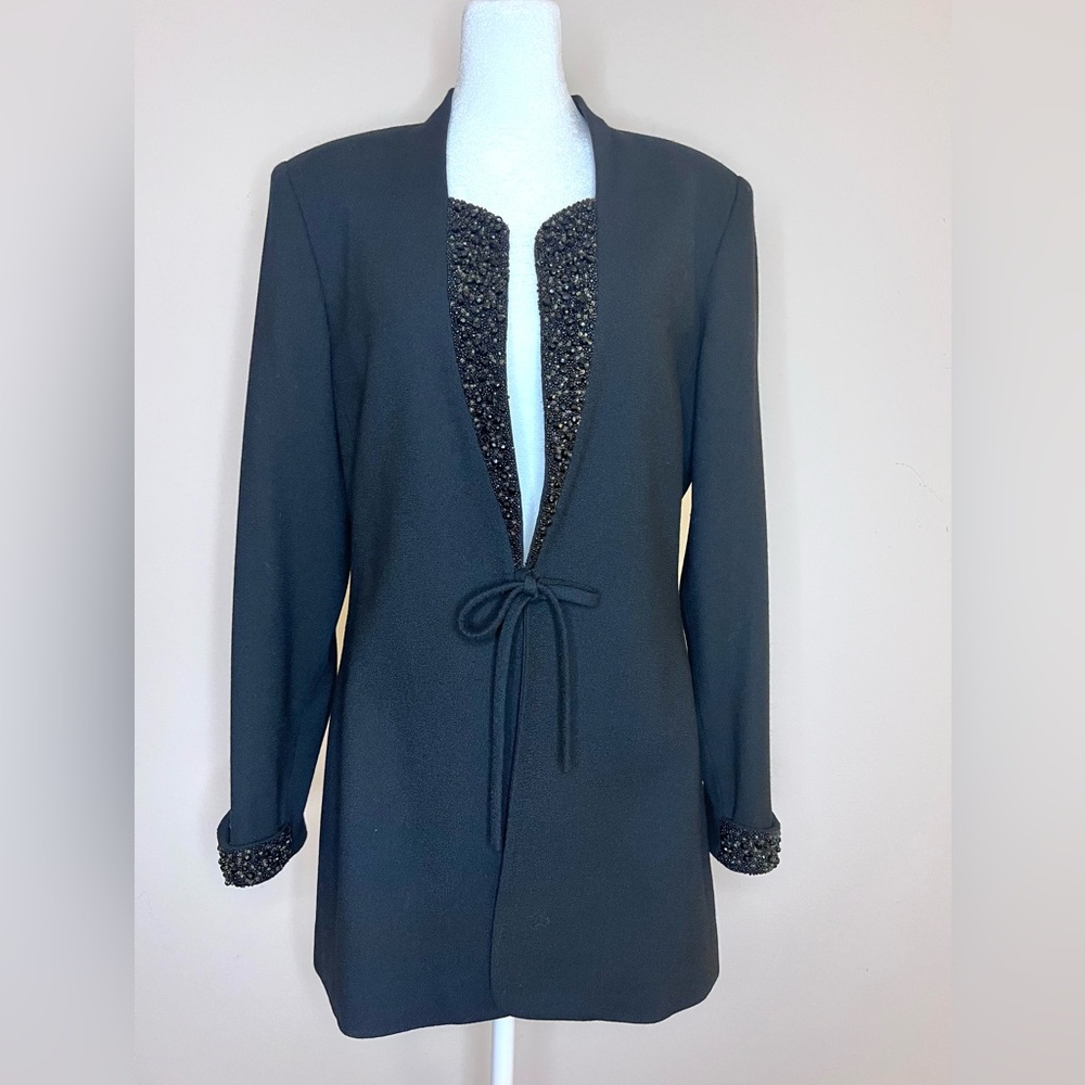 Albert Nipon Black Beaded Trim Tie-Front Blazer